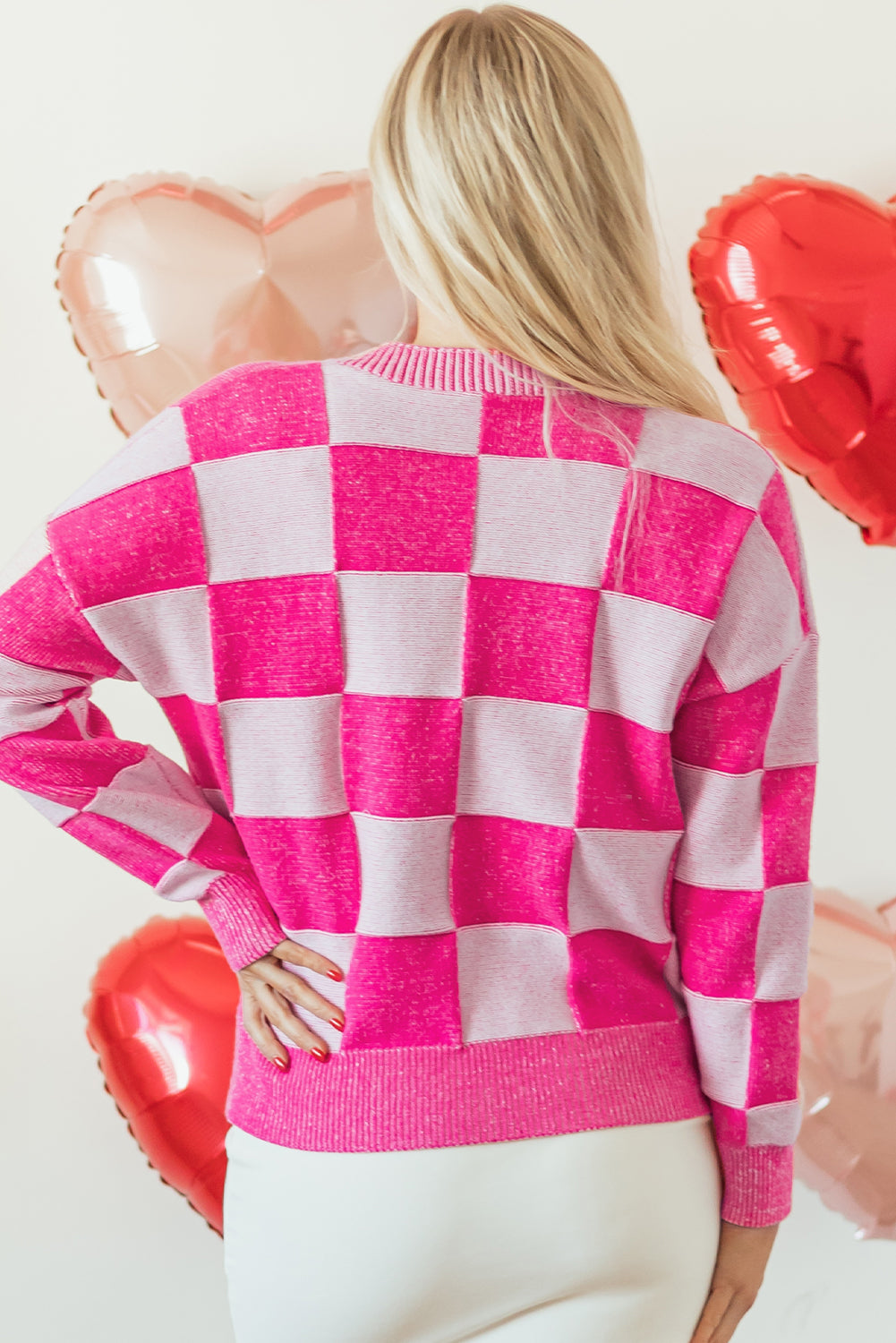 Pink Checkered V Neck Cardigan