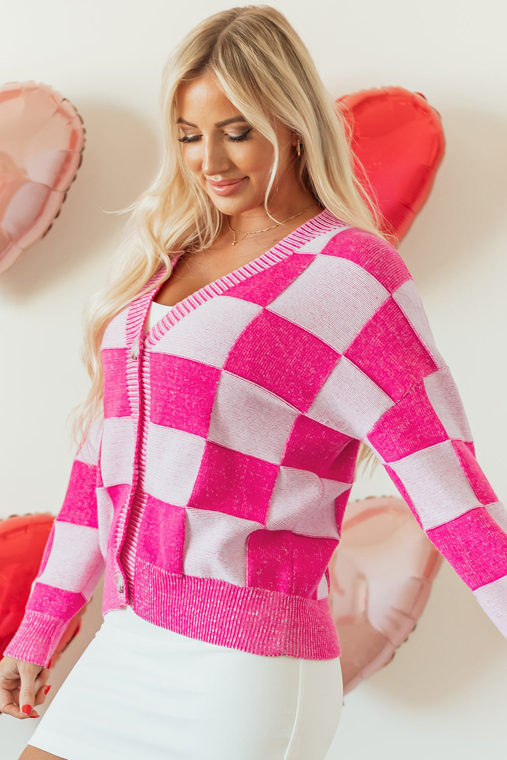 Pink Checkered V Neck Cardigan