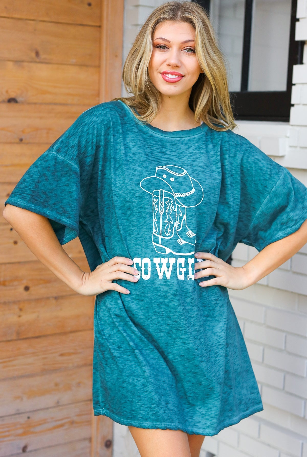 Emerald Cotton Blend COWGIRL Graphic Long Tee