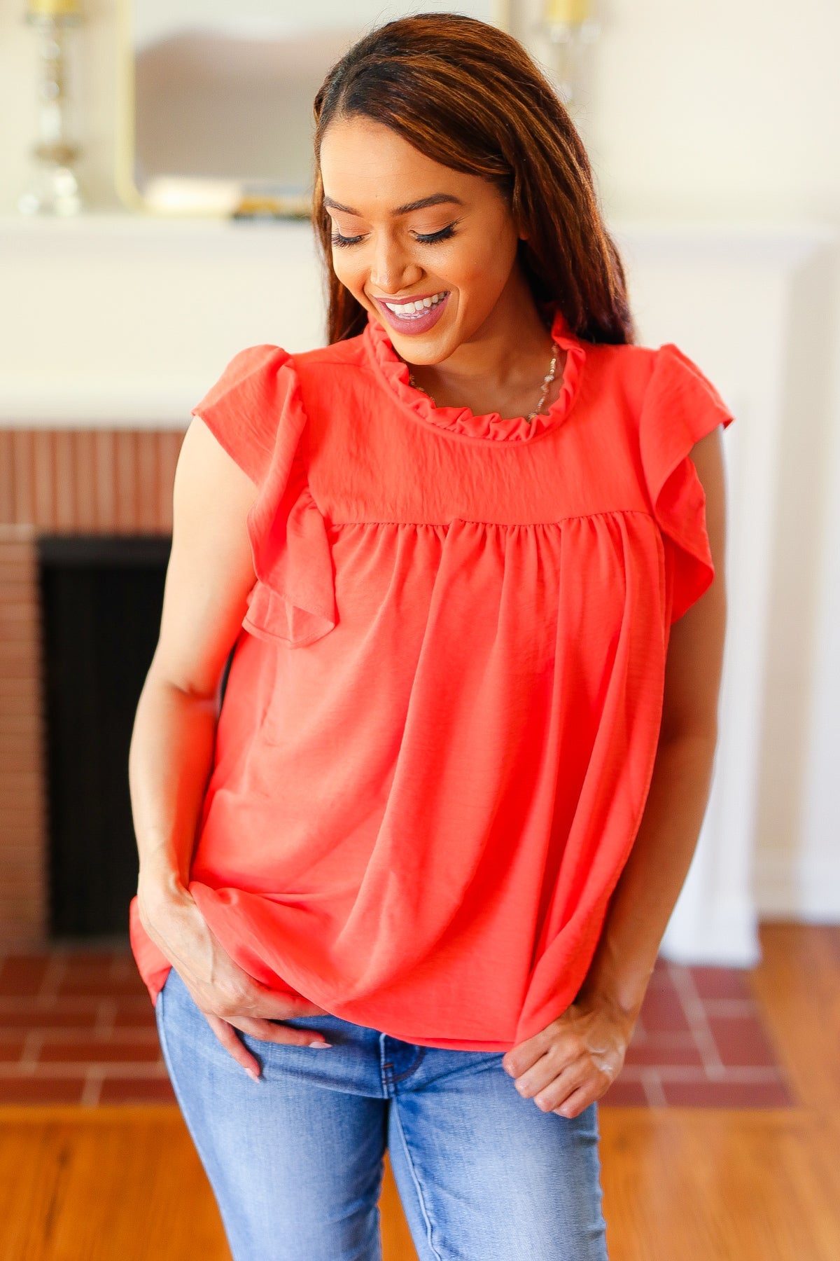 Red-Orange Mock Neck Flutter Sleeve Top