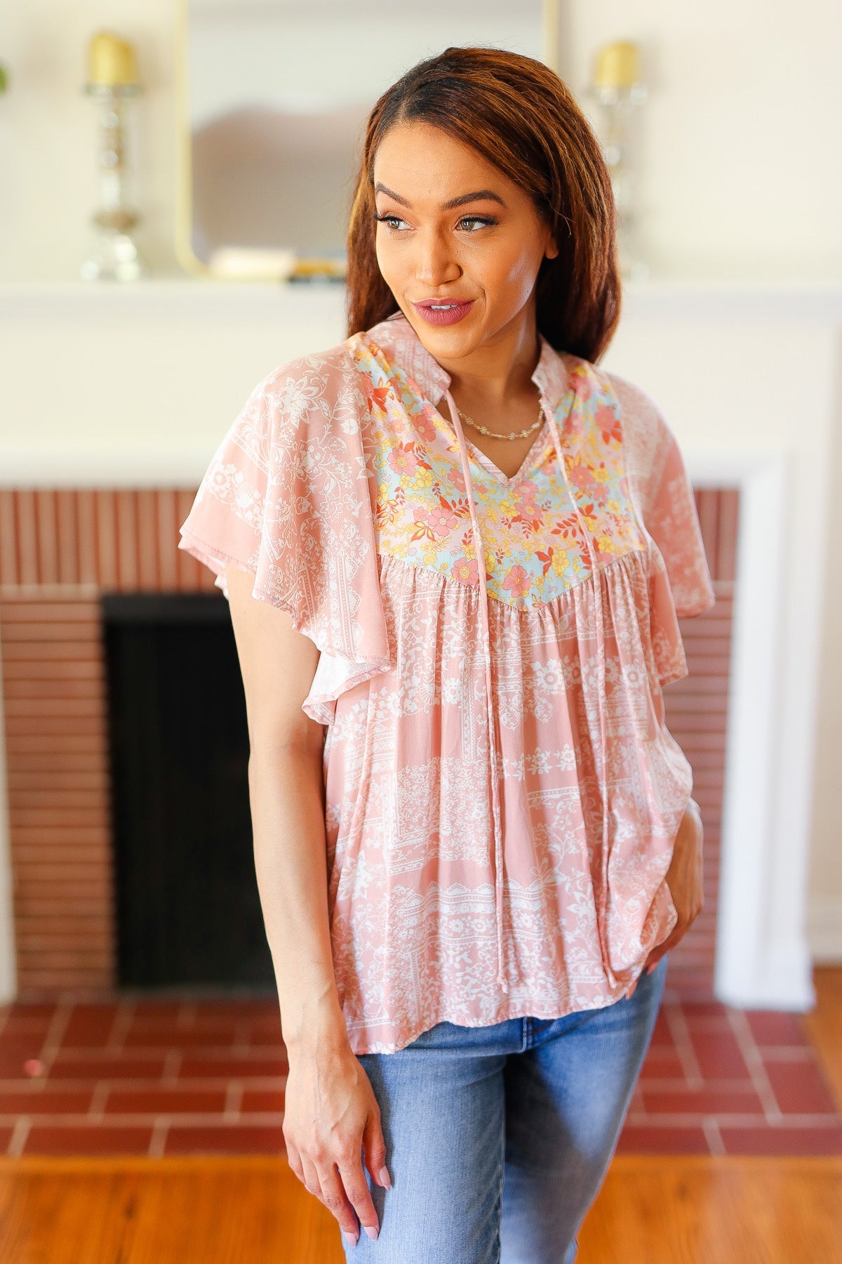 Blush Paisley Floral Yoke Tie Neck Top