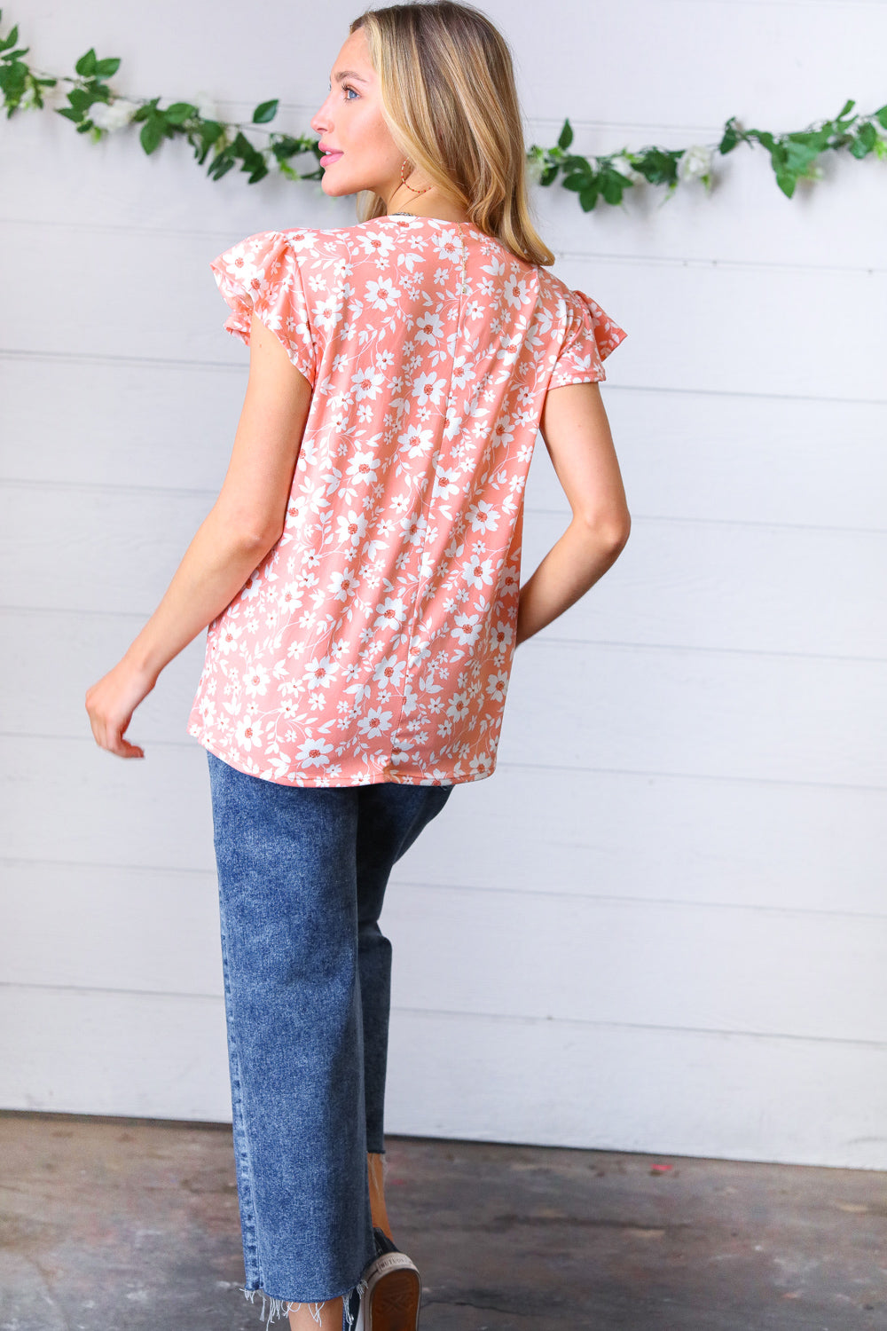 Peach Floral Print Frilled Short Sleeve Yoke Top