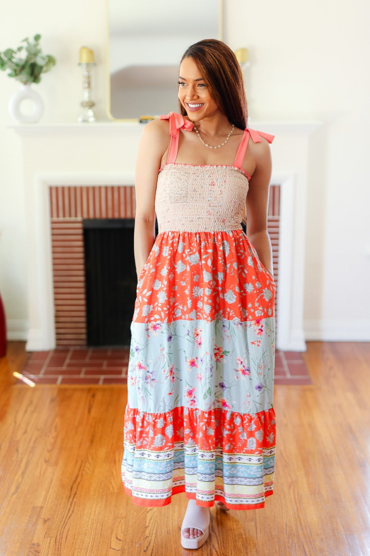 Vacay Vibes Taupe Floral Smocked Tube Top Tiered Maxi Dress