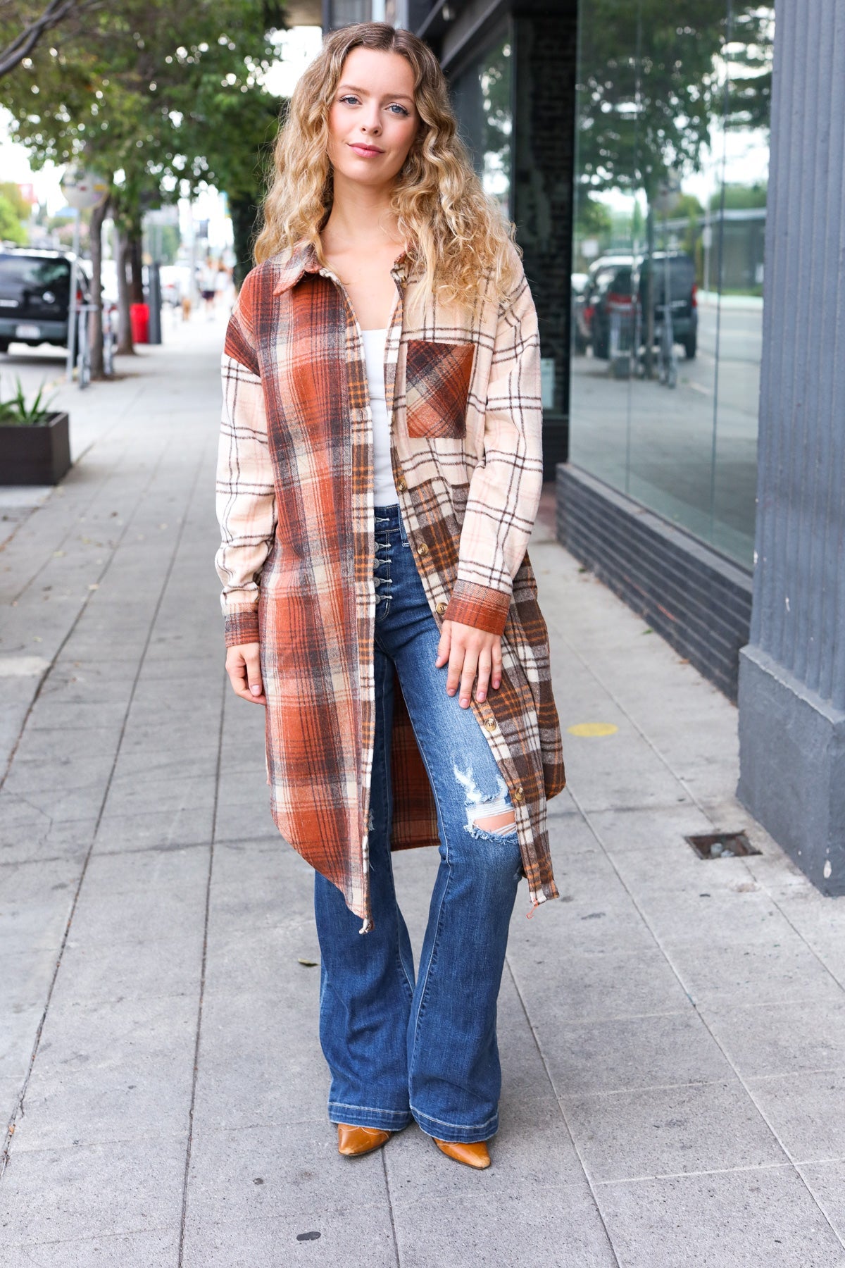 Stand Out Rust & Taupe Color Block Plaid Longline Shacket