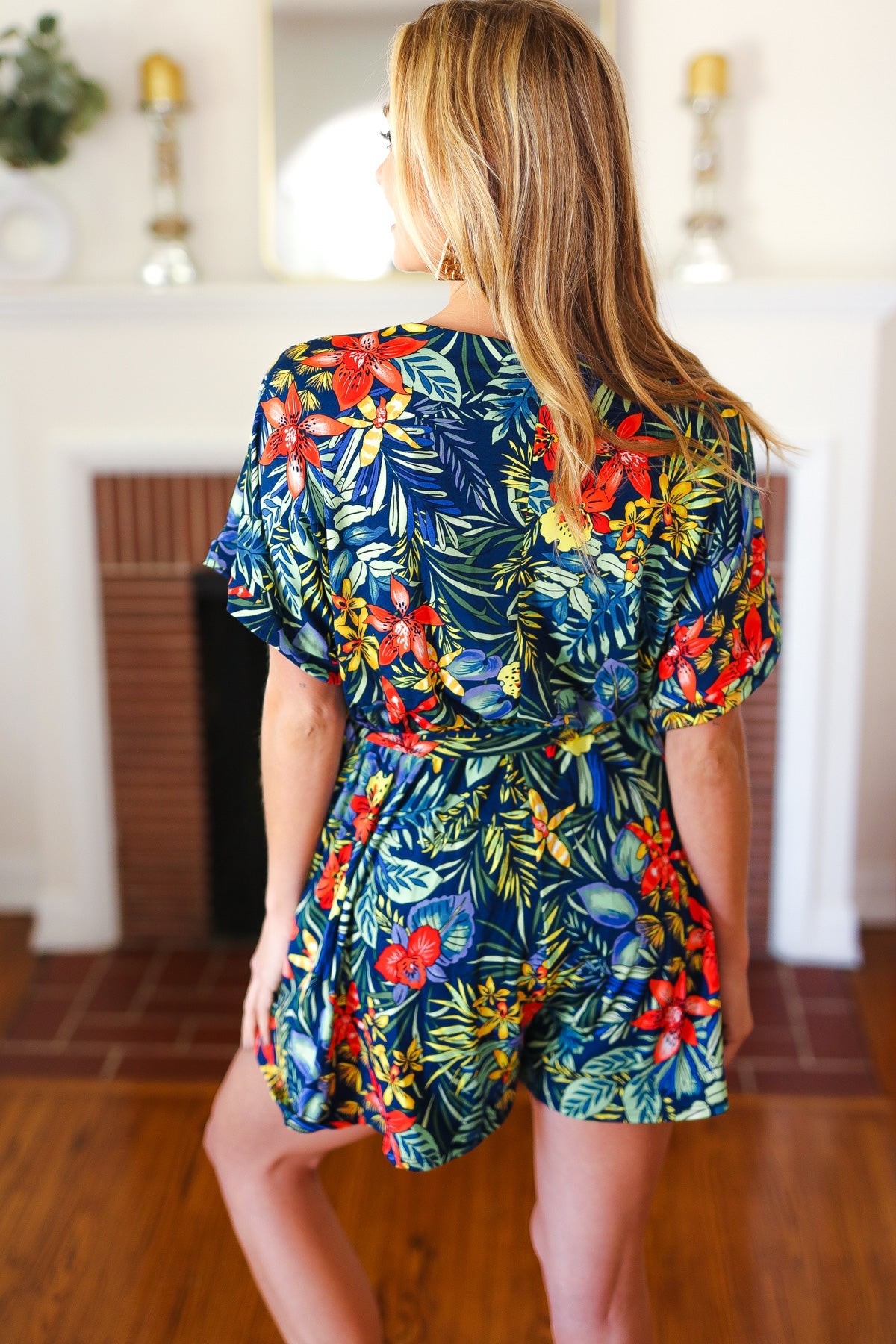 Navy Tropical Floral Surplice Romper