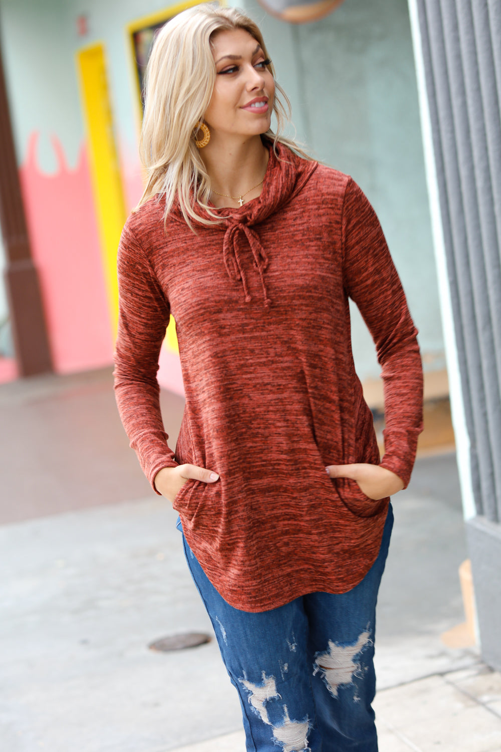 Rust Marled Cowl Neck Pocketed Top