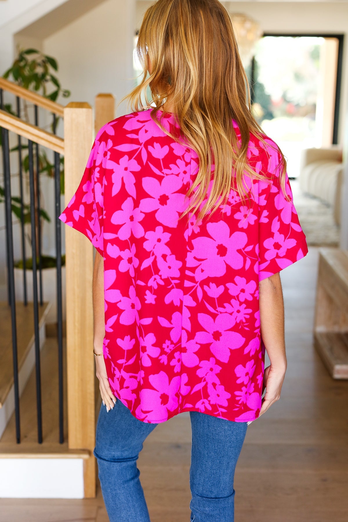 Tropical Trance Magenta Floral V Neck Woven Top