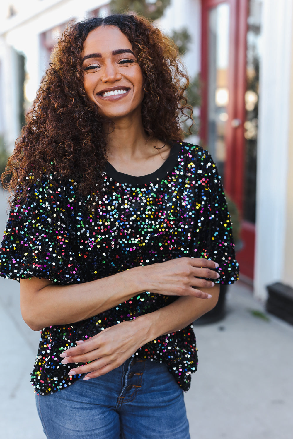 Holiday Ready Black Velvet Multicolor Sequin Puff Sleeve Top