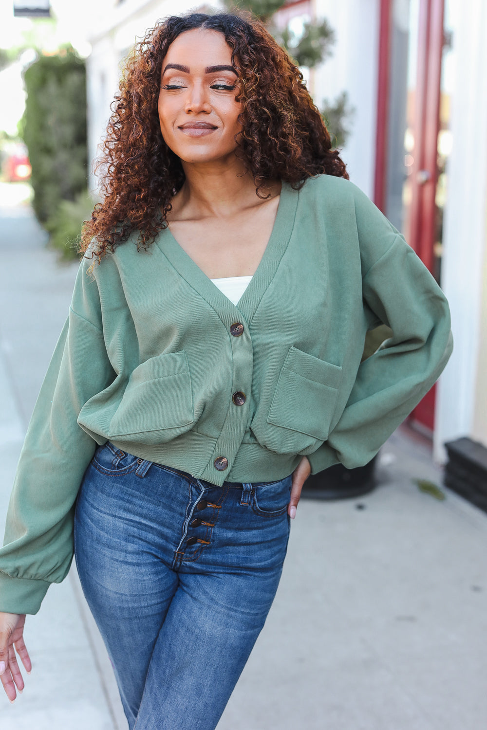 Weekend Ready Green Boyfriend Button Down Cropped Jacket