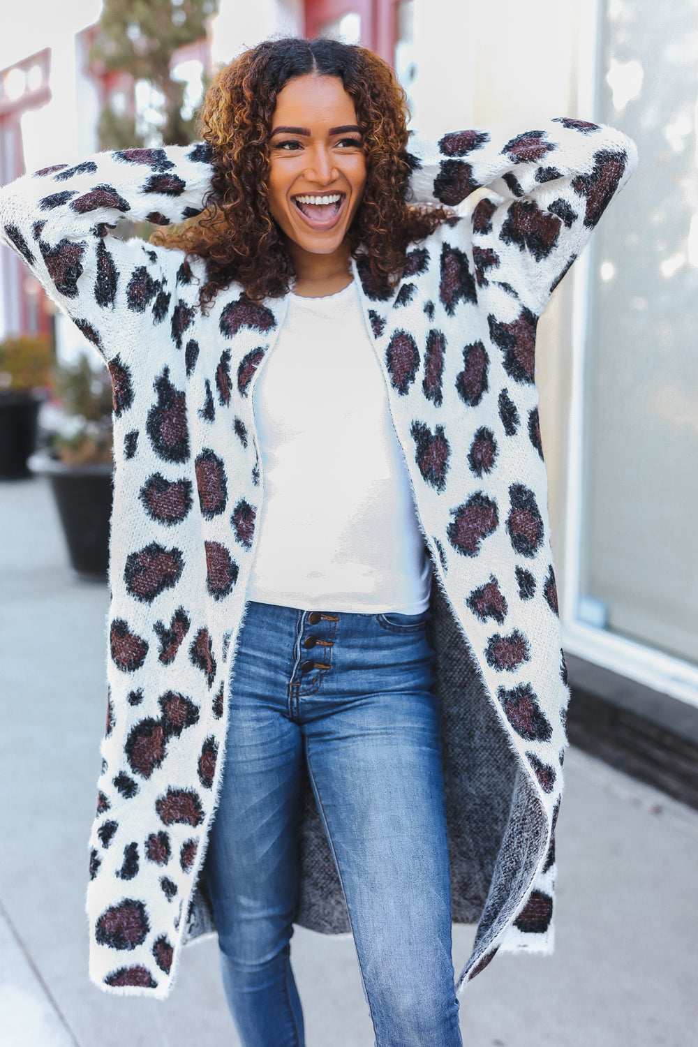 Boldly You Cream Fury Knit Animal Print Open Duster Cardigan