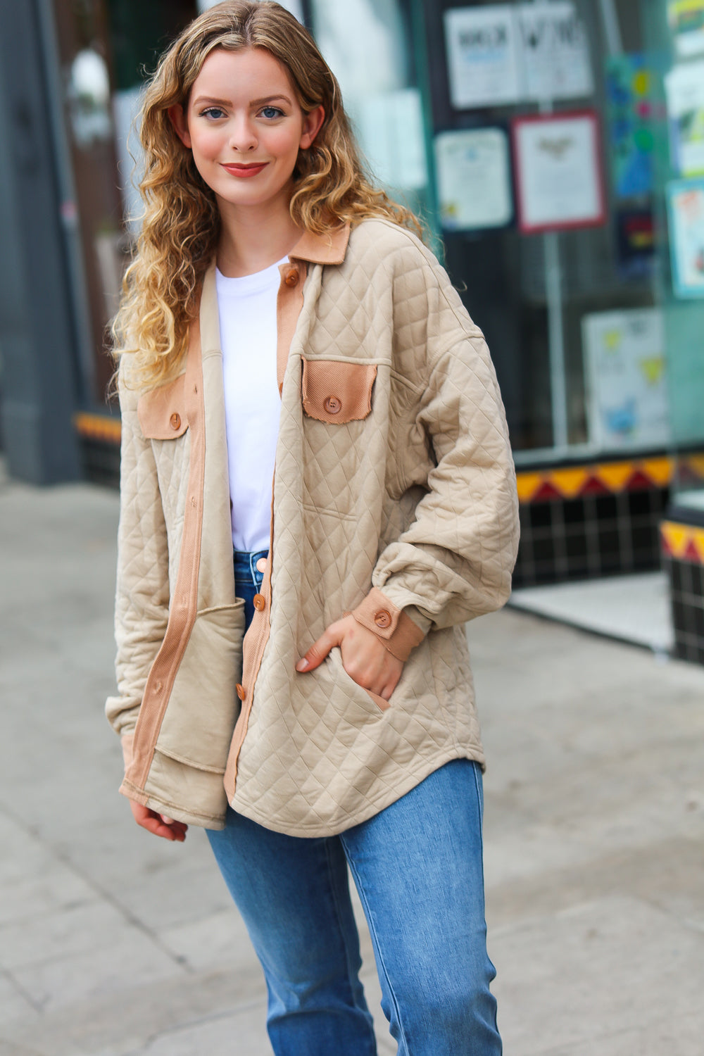 Eyes On You Taupe Quilted Knit Button Down Shacket