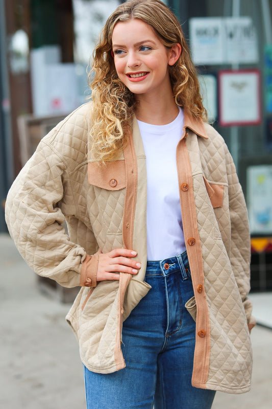 Eyes On You Taupe Quilted Knit Button Down Shacket