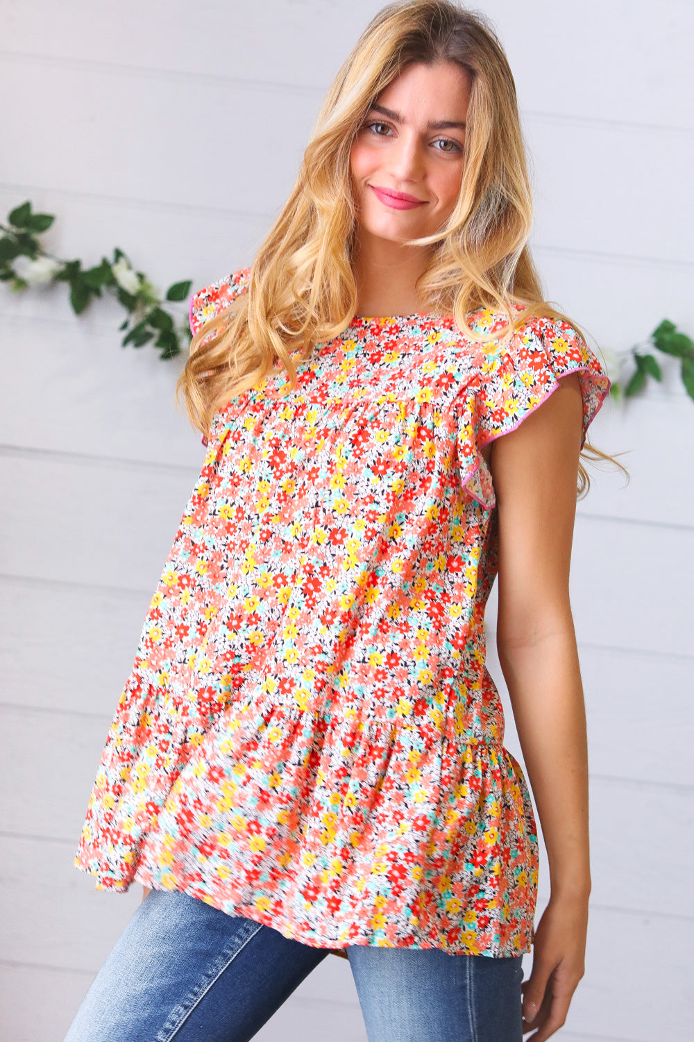 Sunset Floral Print Ruffle Tiered Keyhole Top