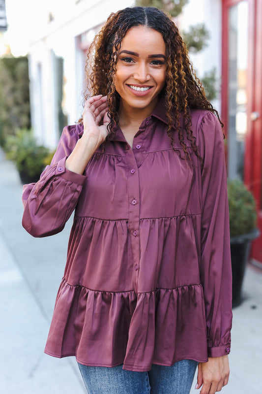 Perfectly You Burgundy Button Down Tiered Babydoll Satin Top