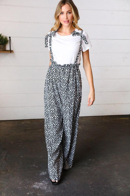 Black & White Animal Print Wide Leg  Frilled Jumpsuit