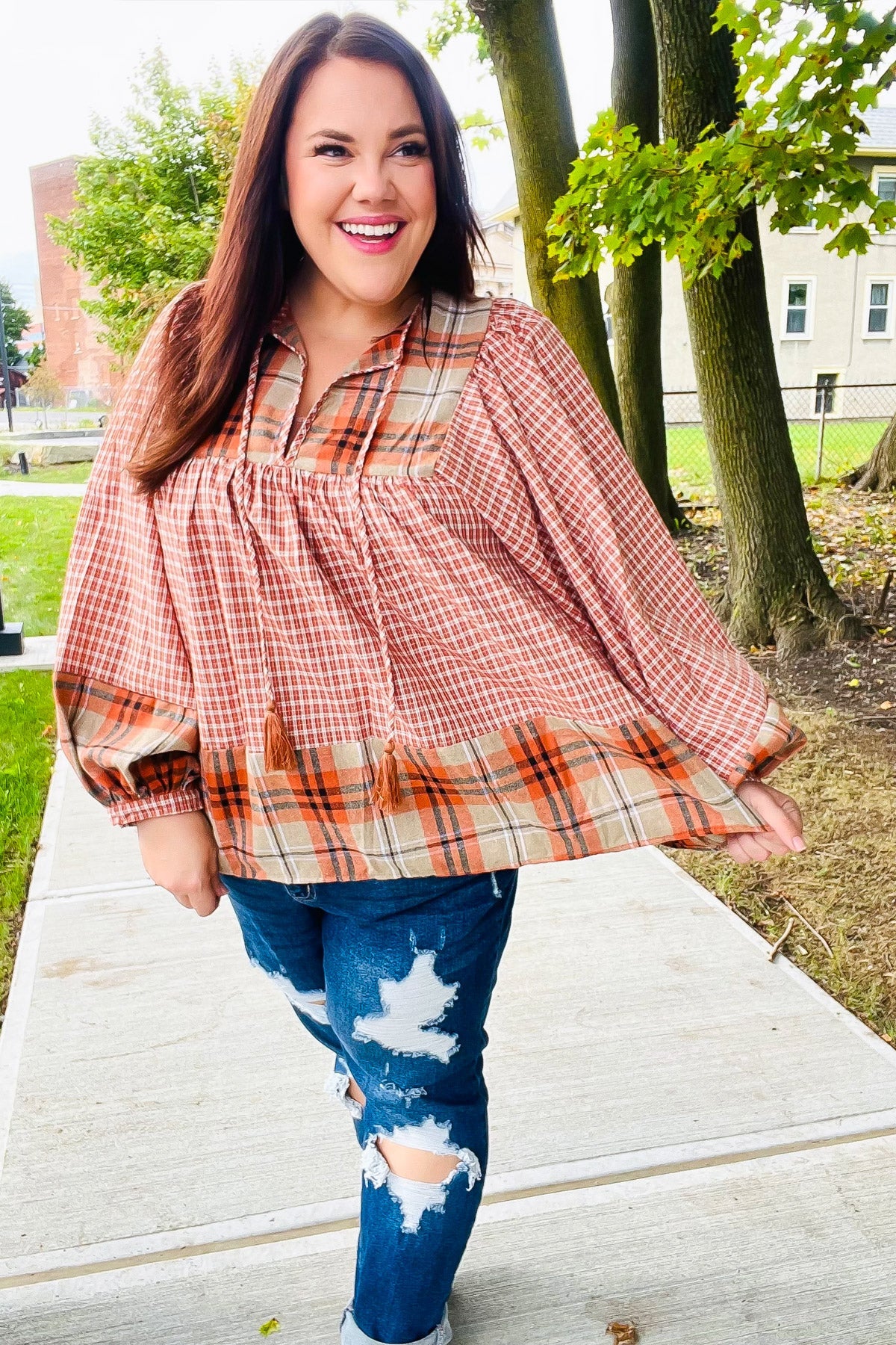 Under Your Spell Rust Plaid Color Block Notch Neck Top