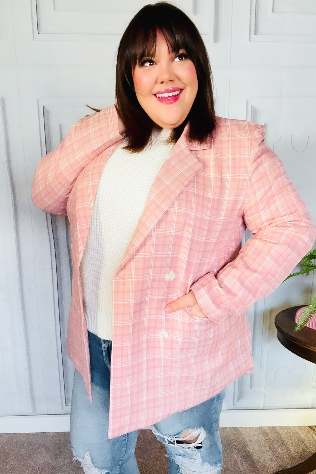 Get To It Pink Plaid Double Breasted Collar Lapel Blazer