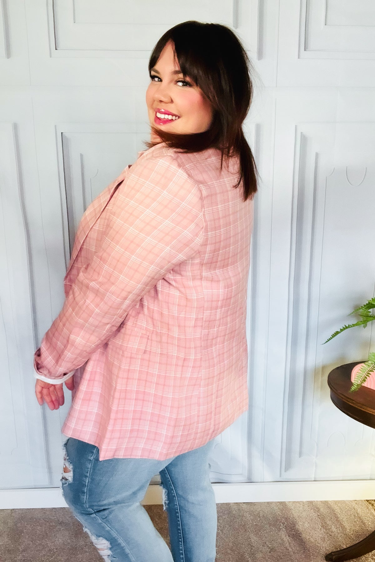 Get To It Pink Plaid Double Breasted Collar Lapel Blazer