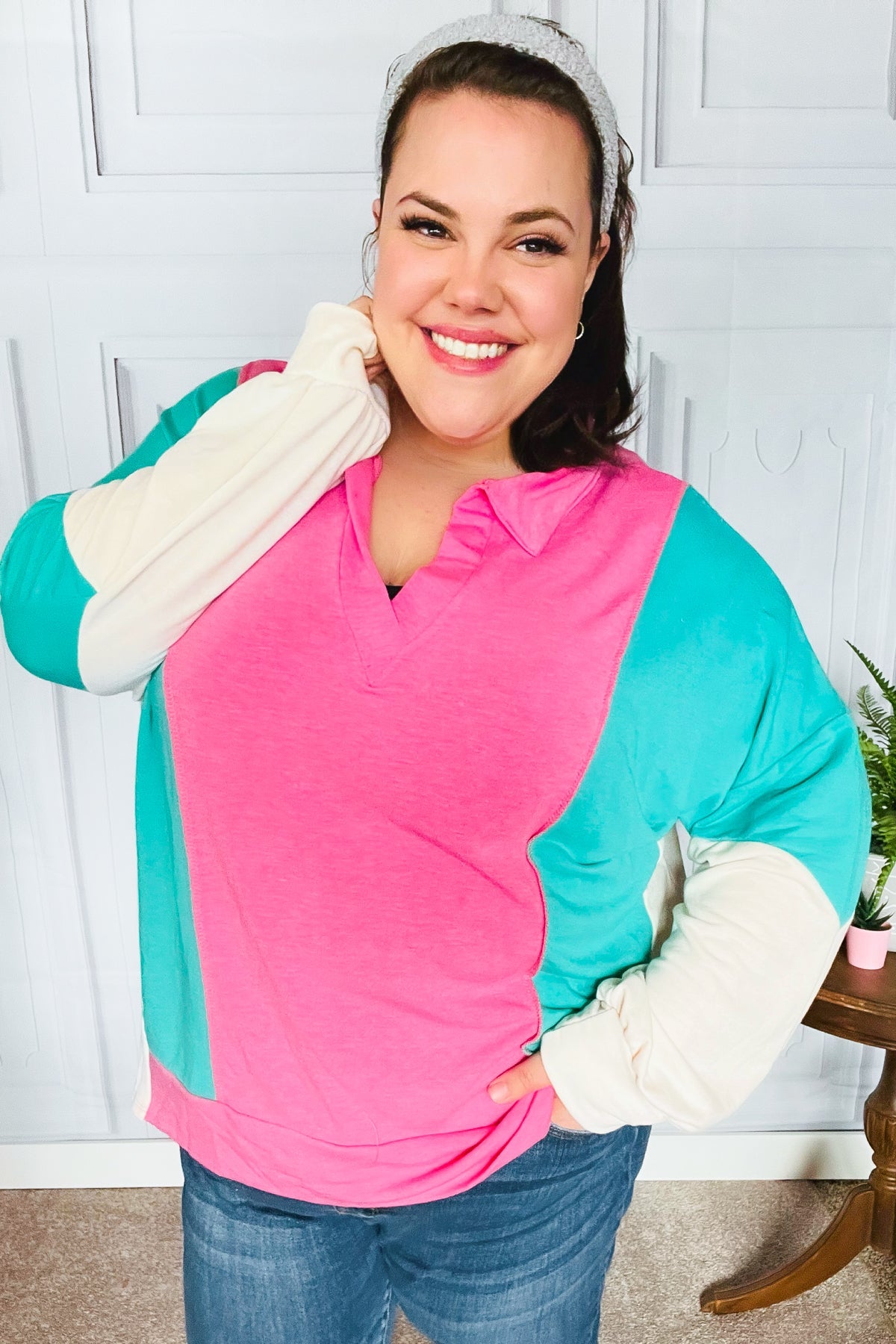 Stand Out Hot Pink & Mint V Neck Collared Terry Color Block Top