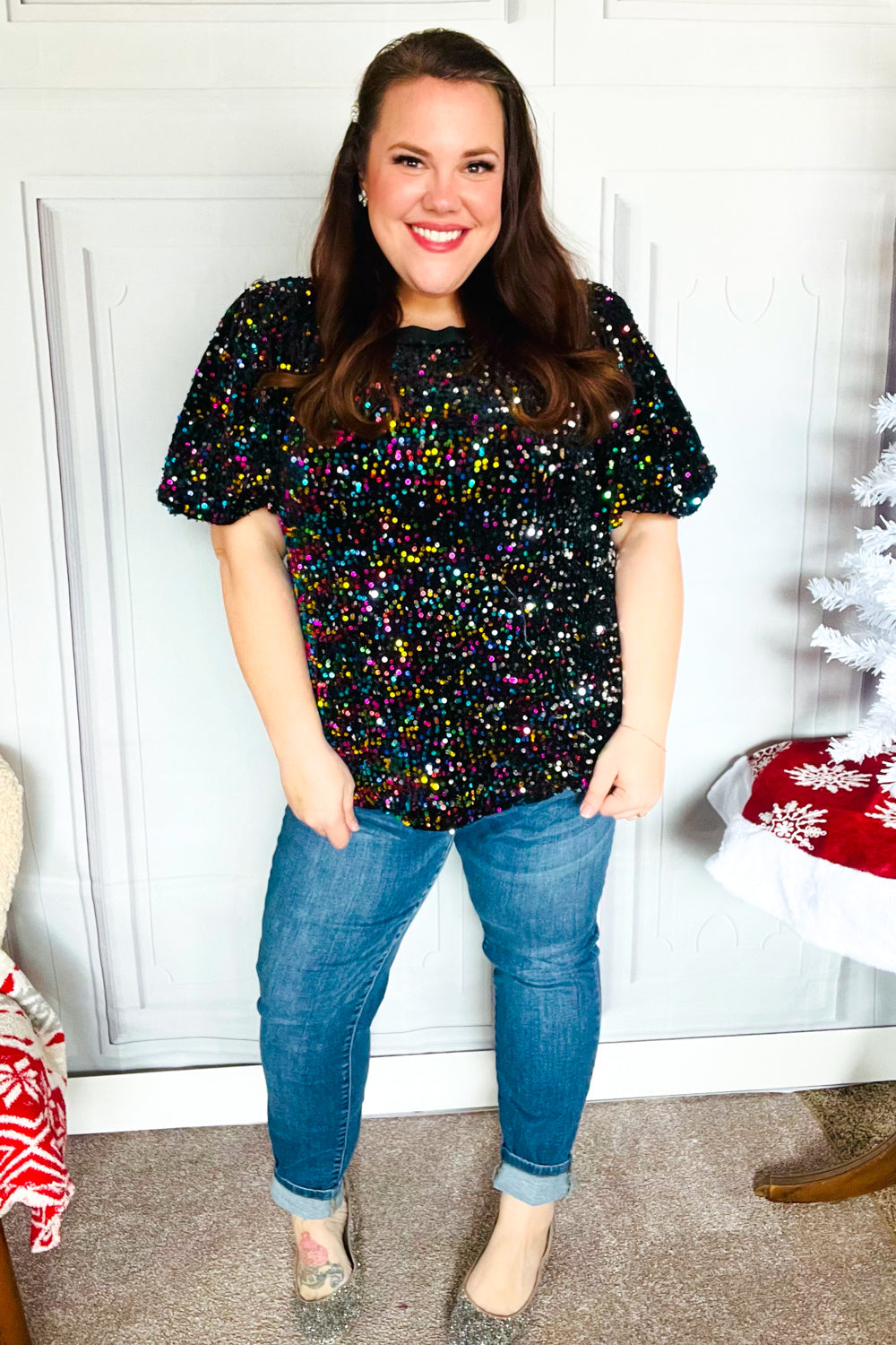 Holiday Ready Black Velvet Multicolor Sequin Puff Sleeve Top