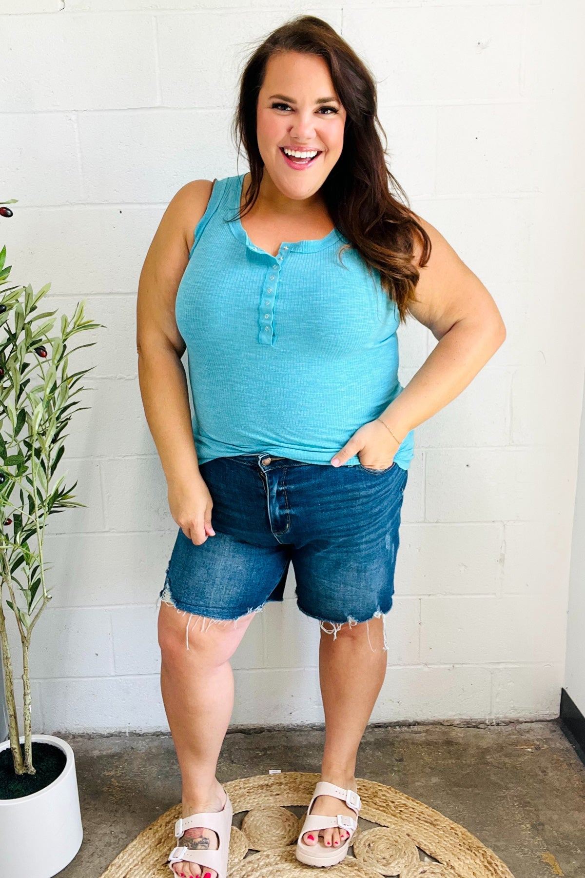 Summer Days Ice Blue Melange Ribbed Henley Button Down Tank