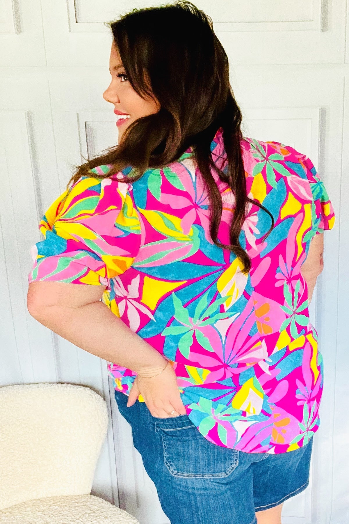 Vacay Ready Fuchsia Tropical Print Frill Mock Neck Top