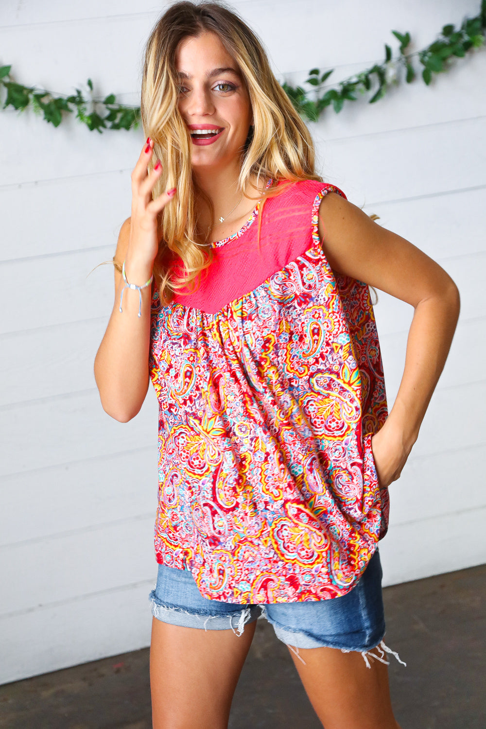 Coral Jacquard Lace Paisley Print Tank Top