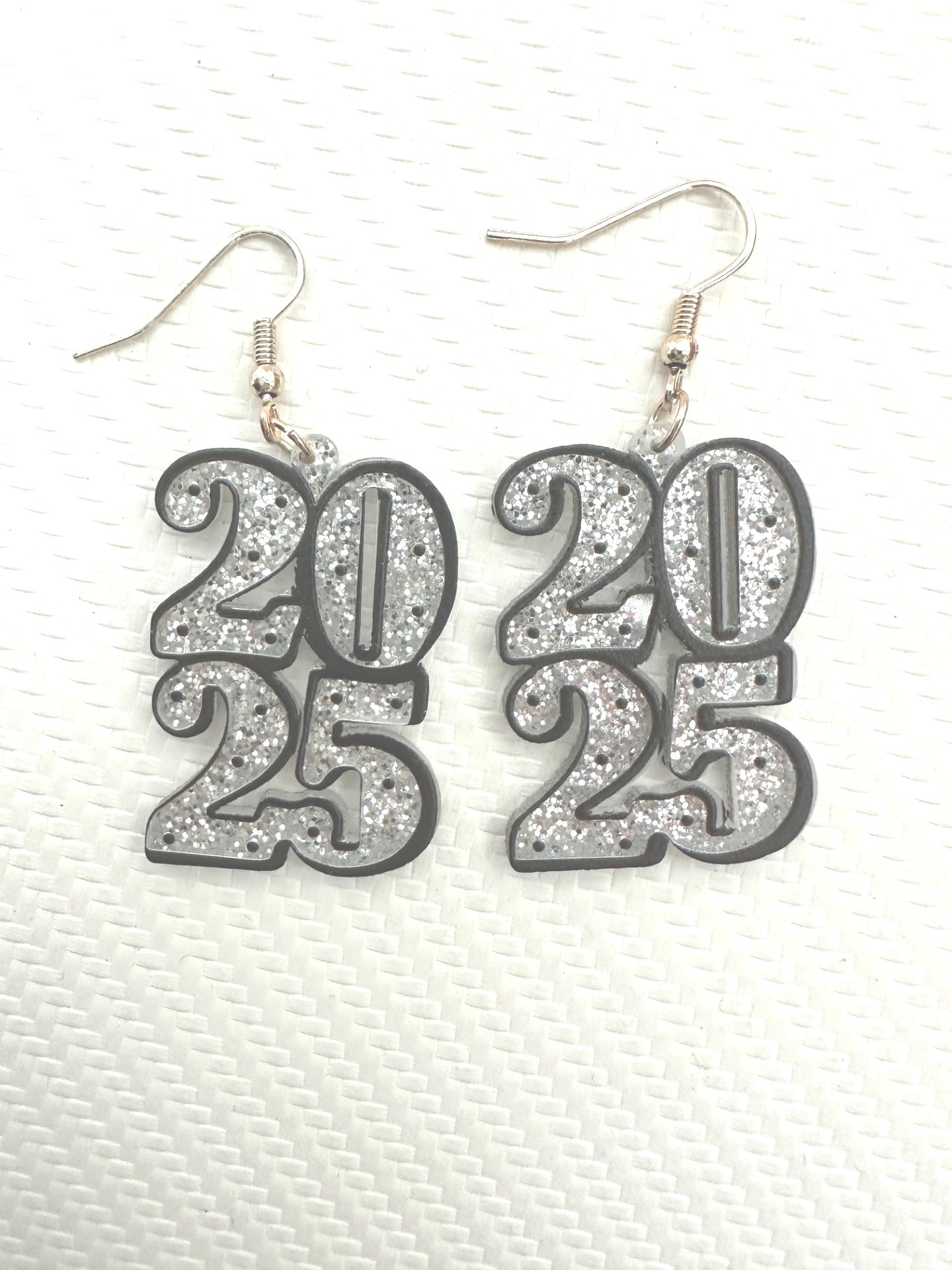 New Year's 2025 Silver Glitter Dangle Earrings